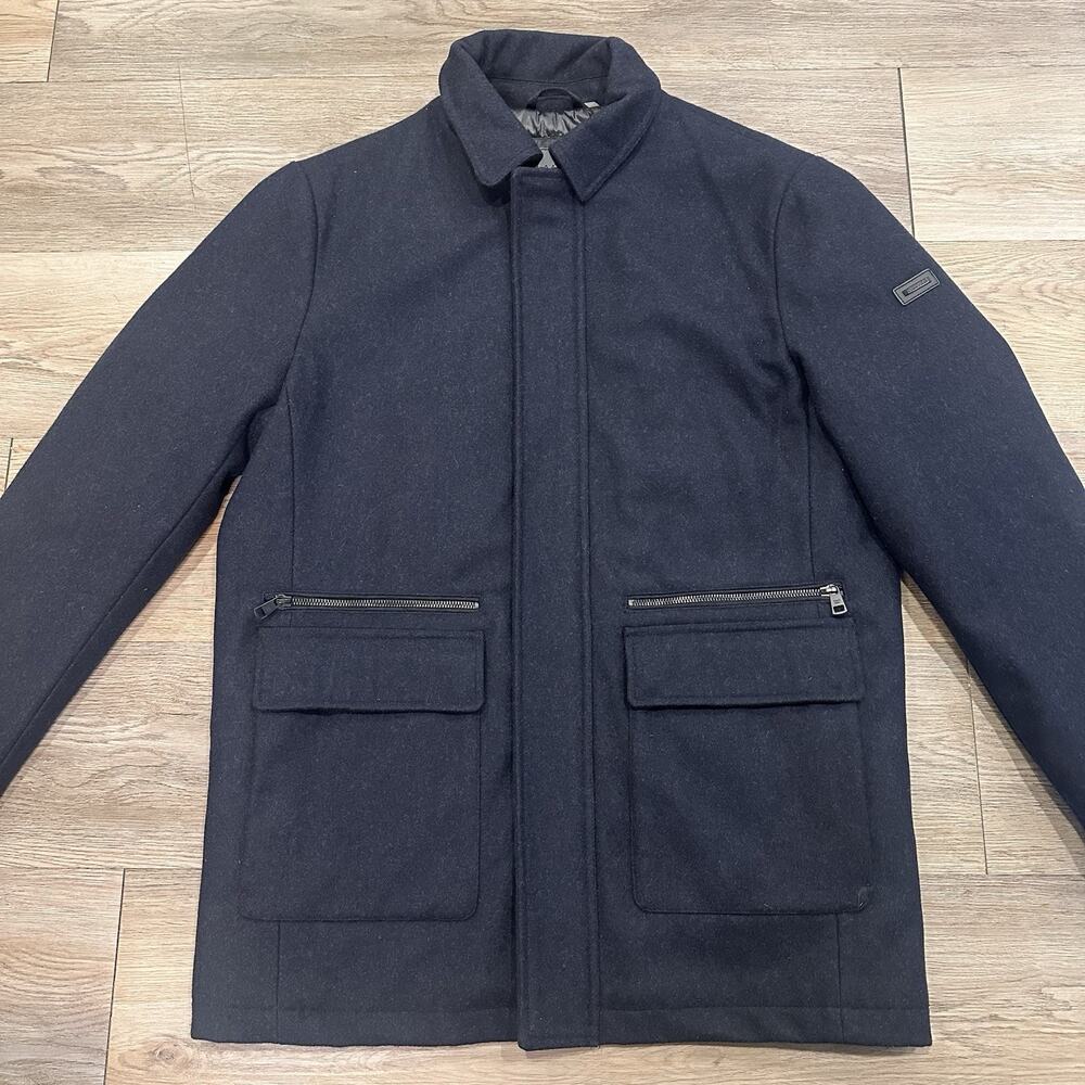 Calvin Klein Men’s Med Wool Duffle Navy Coat Jacket Removable Hood EUC - Picture 4 of 16